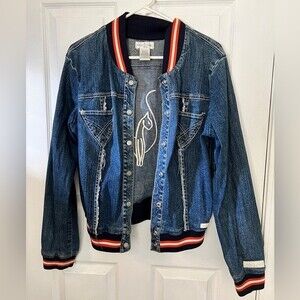 Y2K Baby Phat Denim Jean varsity jacket. Ribbed Trim Black Red White. Size L